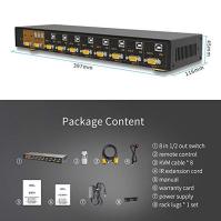 VGA KVM Switch 8 Port in 2 Out Switcher 8x2 Podporuje základní sdílení klávesnice a myši audio USB zařízení sdílení 8 počítačů